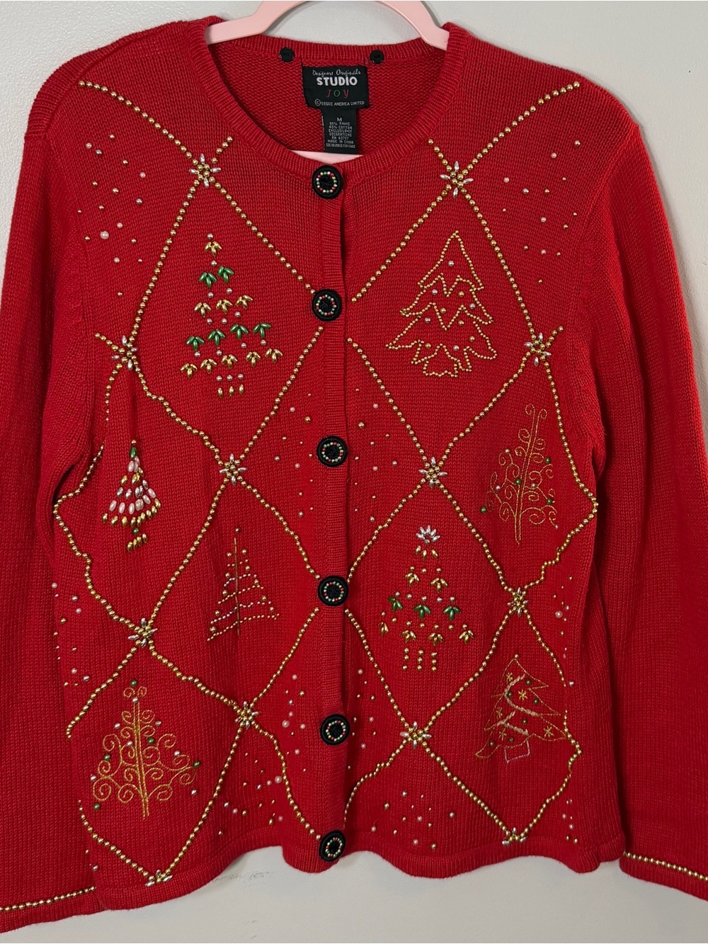 Studio Joy Vintage 90’s red beaded Christmas tree cardigan sweater medium GUC